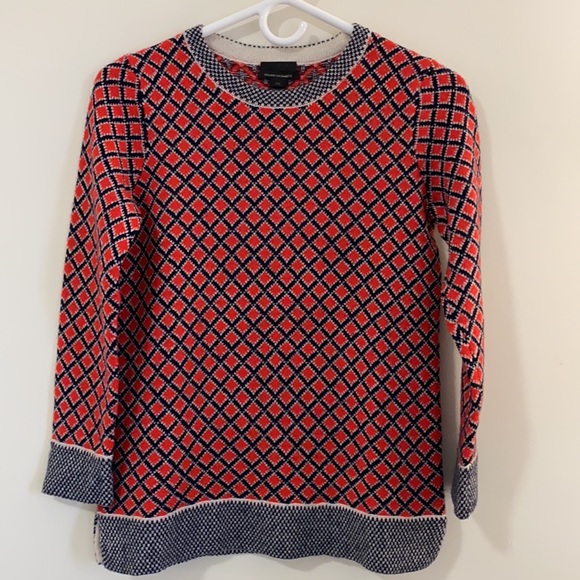 J. Crew Collection Cashmere Red Navy Diamond Print Crew Neck - Picture 5 of 8